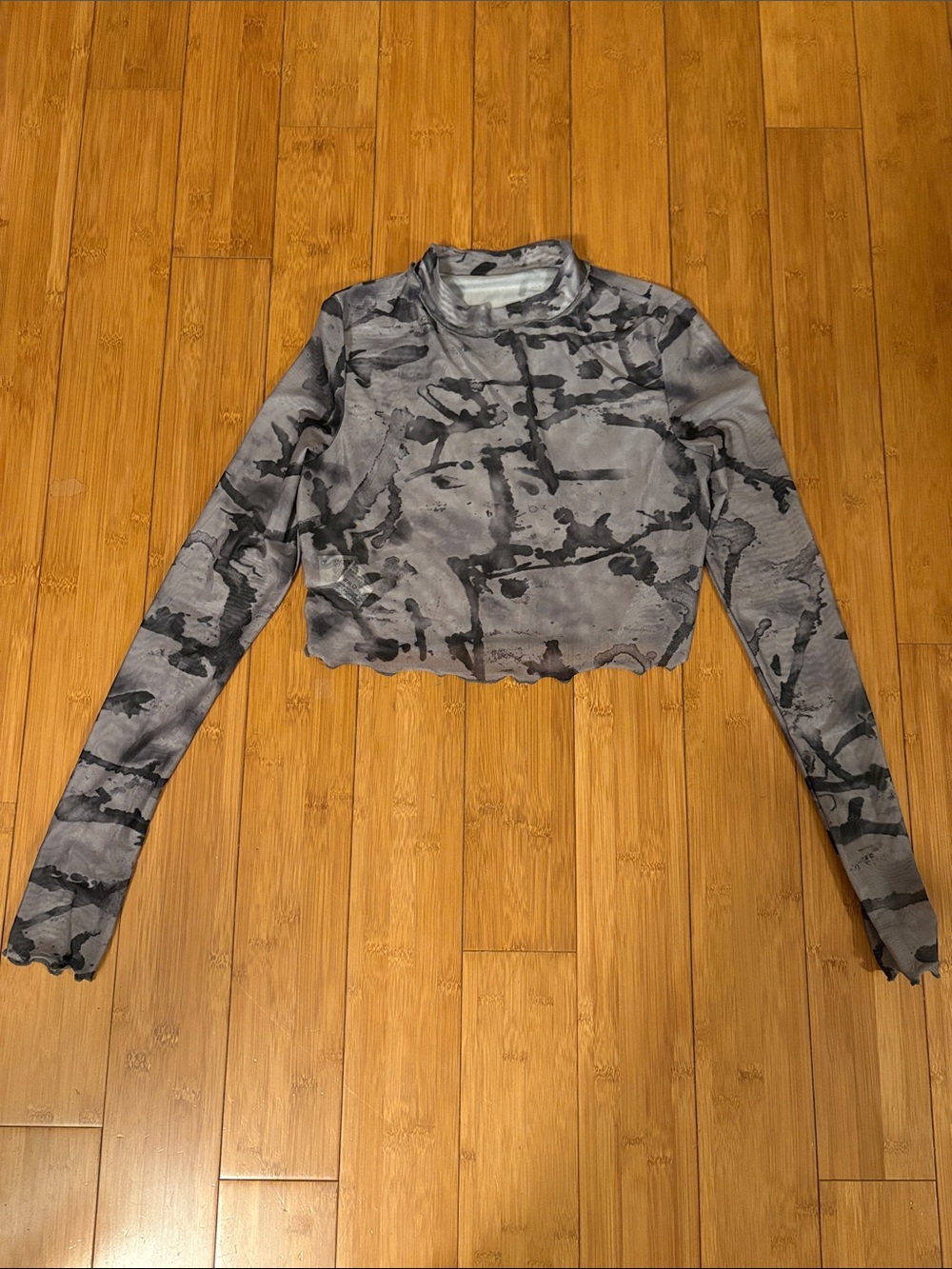 Gray Tie-Dye Cropped Mock Neck Long Sleeve Top